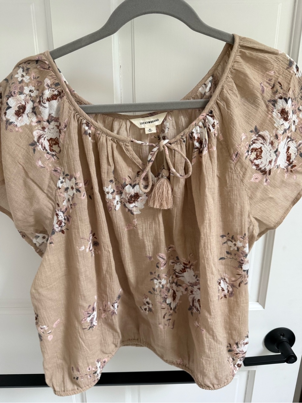Lucky Brand Taupe Floral Tie-Neck Peasant Blouse